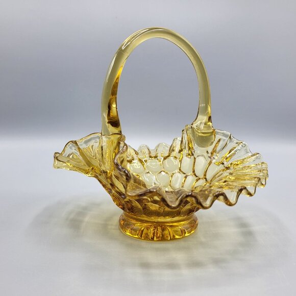 Vintage Candy Dish Amber Glass Basket Thumbprint Ruffled Edge - Picture 5 of 12